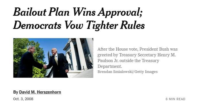new york times headline bailout plan wins approval; democrats vow tighter rules
