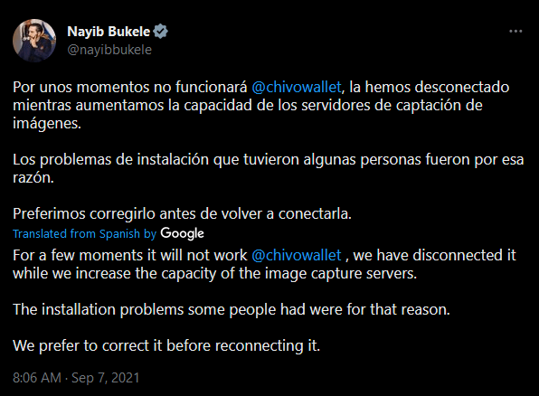 president nayib bukele tweets about chivo outage