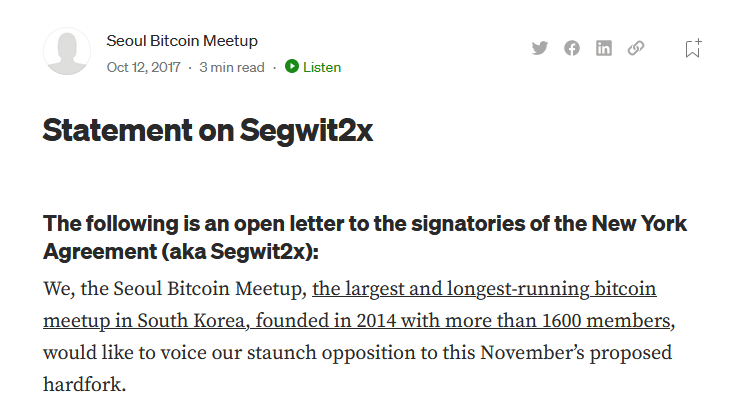 Seoul bitcoin meetup response to segwit2x proposal